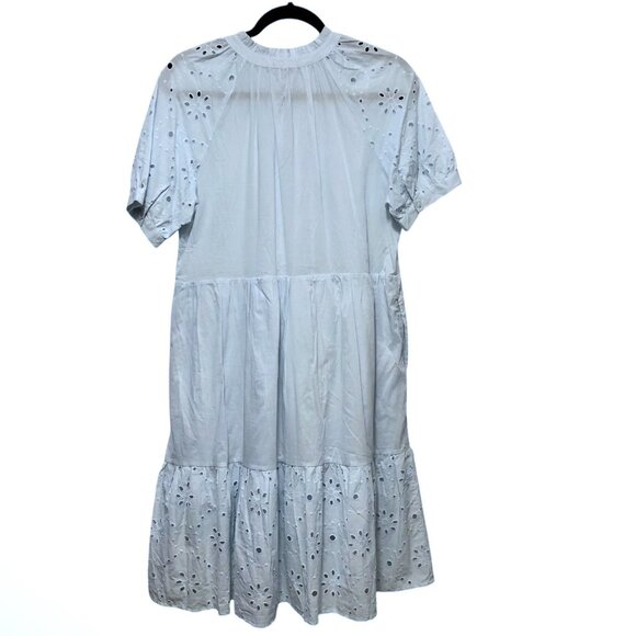 NWT TheGet Solid Light Blue Eyelet Short Sleeves Tiered with Pockets Midi Dress - Picture 2 of 9